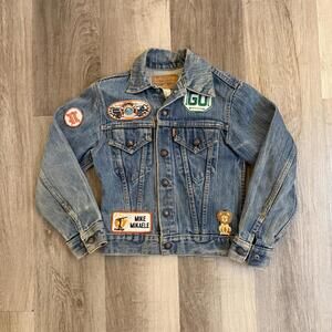 Vintage 80s kids Levi’s blue denim orange tab snap jacket vintage patches s 12